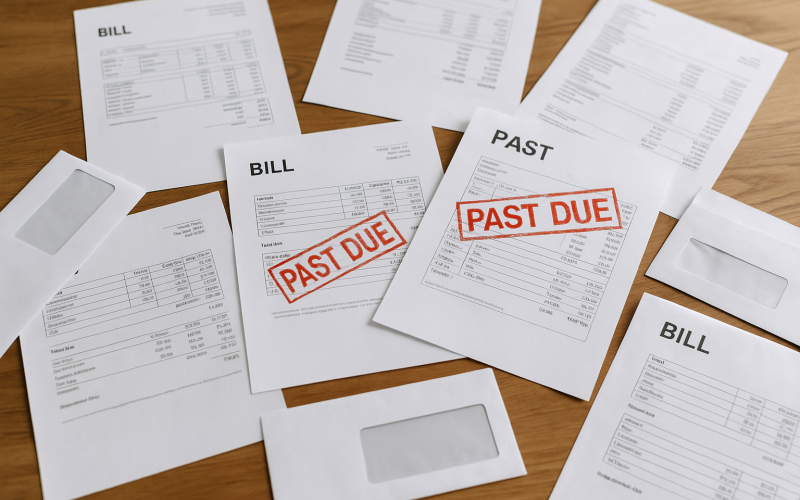 a handful of medical bills, some of which say "past due," lay on a wooden table