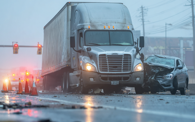 a truck sitting in the road after an impact with a passenger vehicle