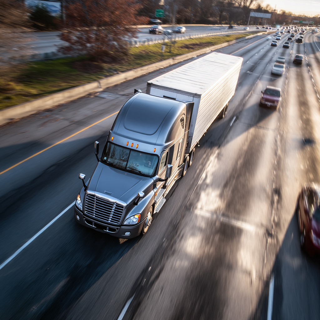 bird's eye view of a semi truck traveling down an interstate