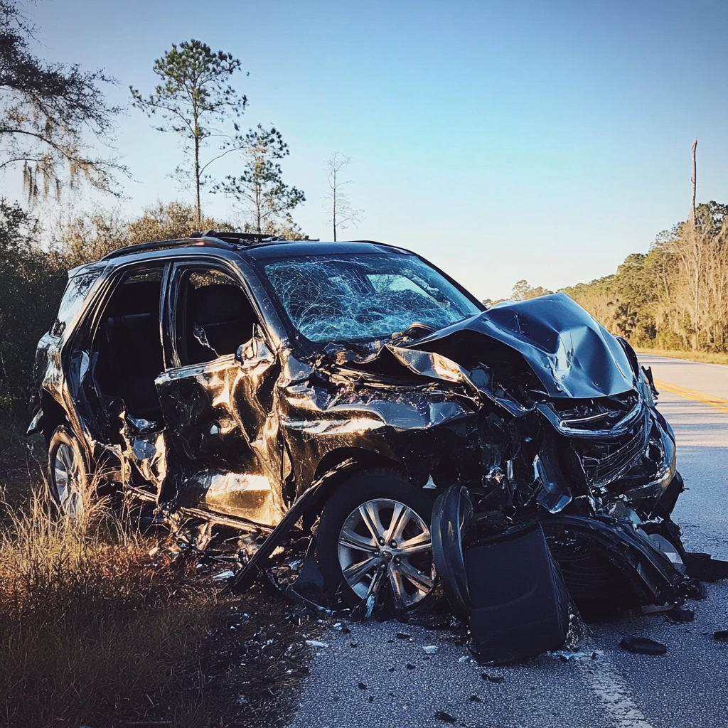 wrecked car on the side of the road