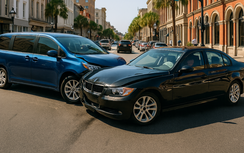 a collision between a blue minivan and a black sedan at an intersection