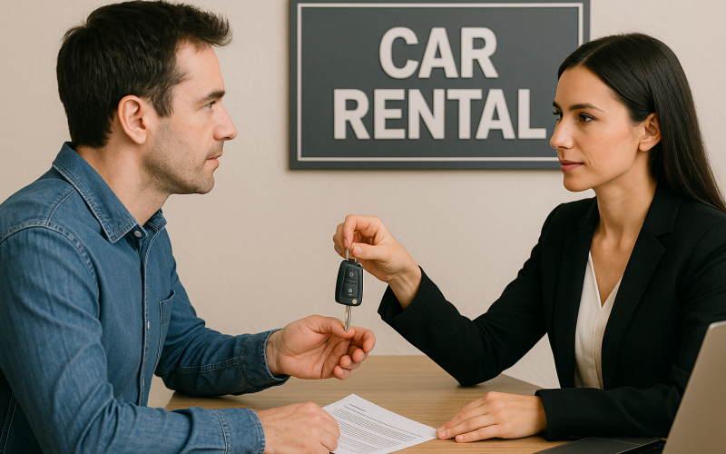 a man in a blue shirt waits to receive his rental car keys from a woman in a black suit