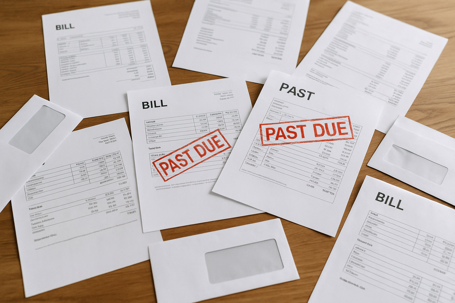 a handful of medical bills, some of which say "past due," lay on a wooden table