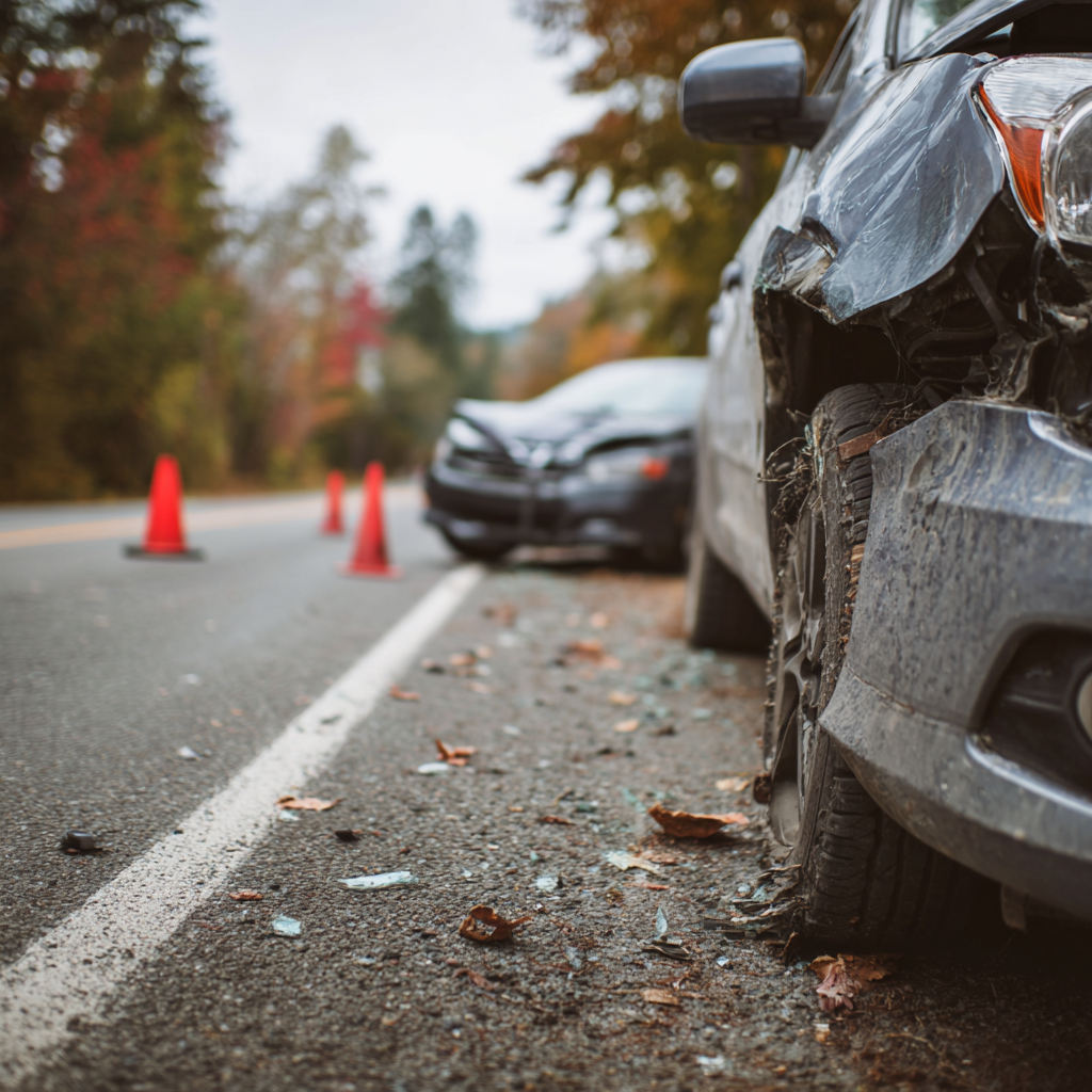 Close up of the crumpled front bumper of a passenger car