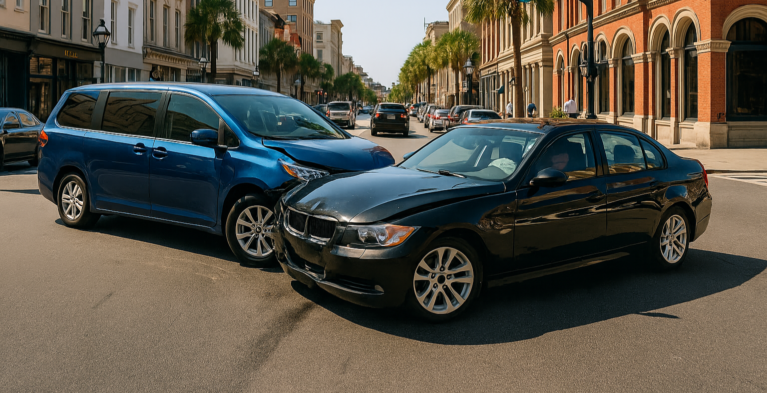 a collision between a blue minivan and a black sedan at an intersection