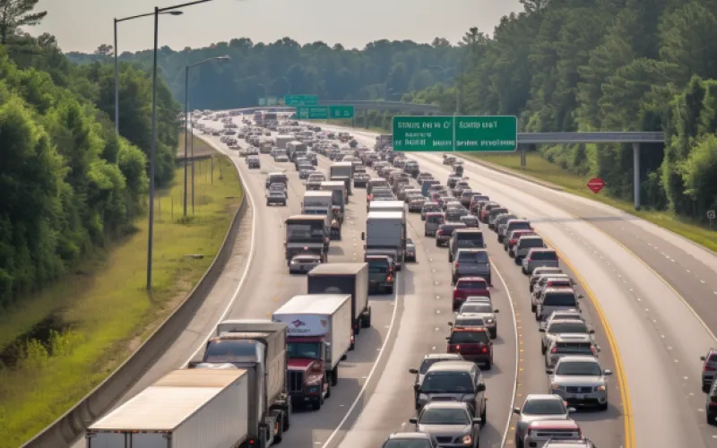coches y camiones en una autopista de varios carriles
