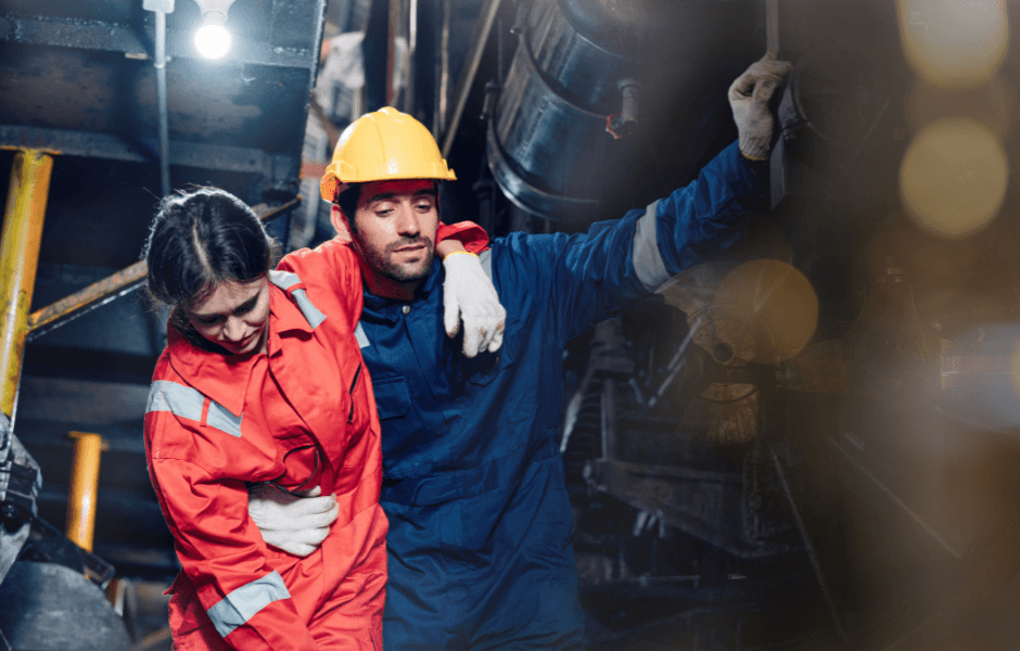 man carries injured woman engineer on his sholder