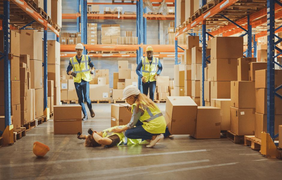 man laying on floor after being struck by falling objects in warehouse