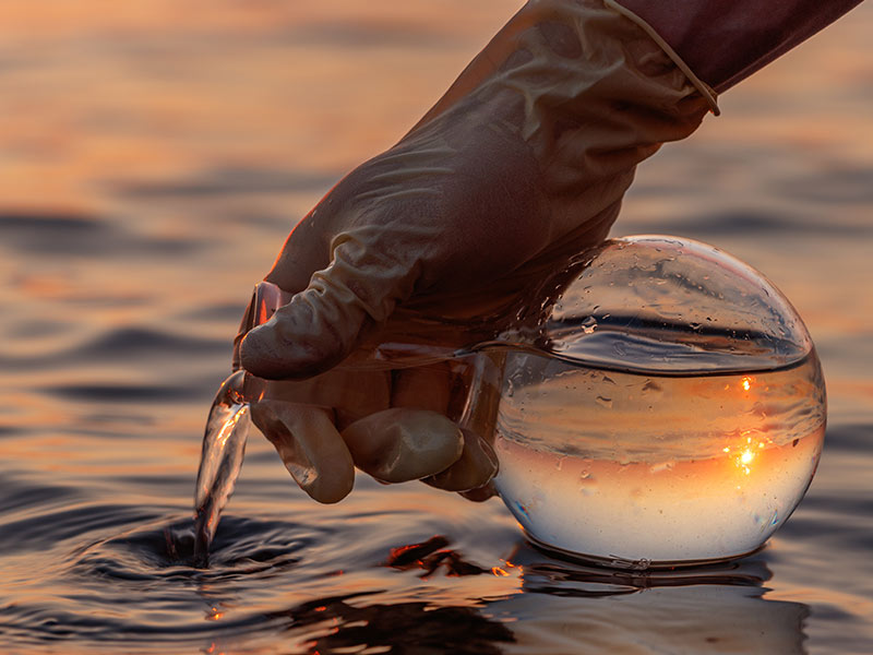 man wearing safety gloves taking a water sample