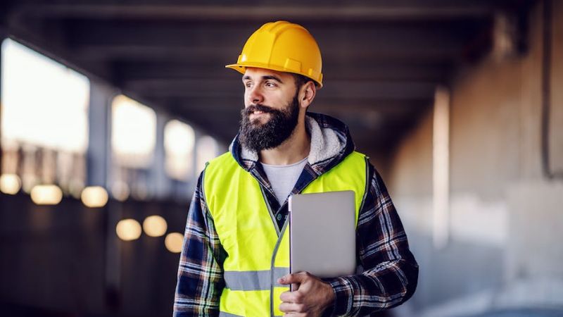 Consturction manager walking on the job site with his laptop