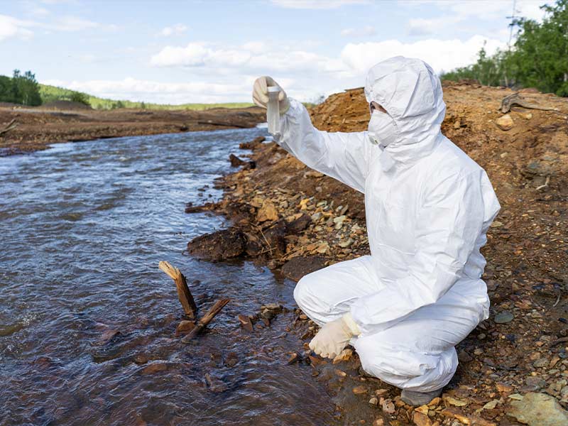 a man wearing a hazmat suit taking water samples of a river