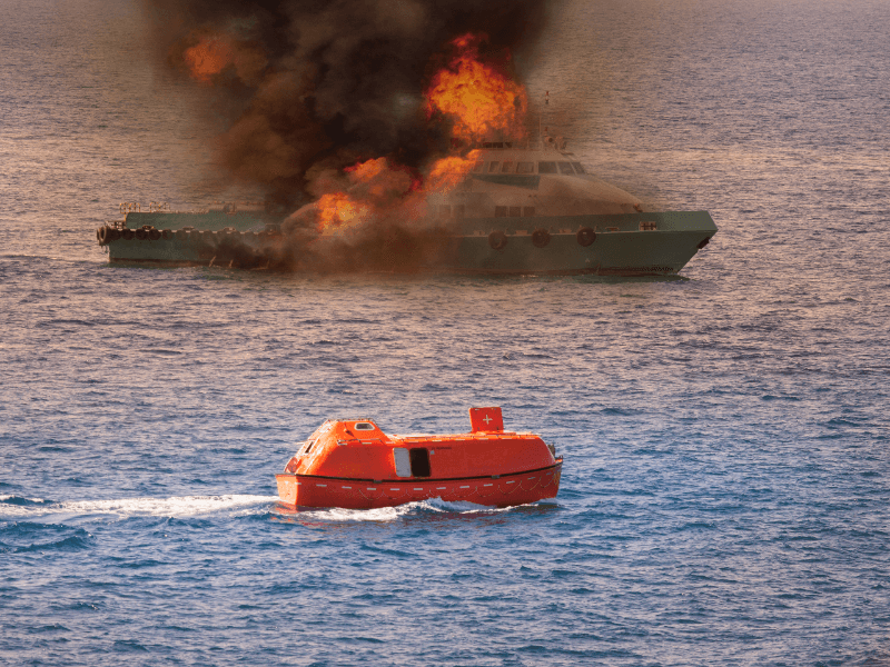boat at sea on fire