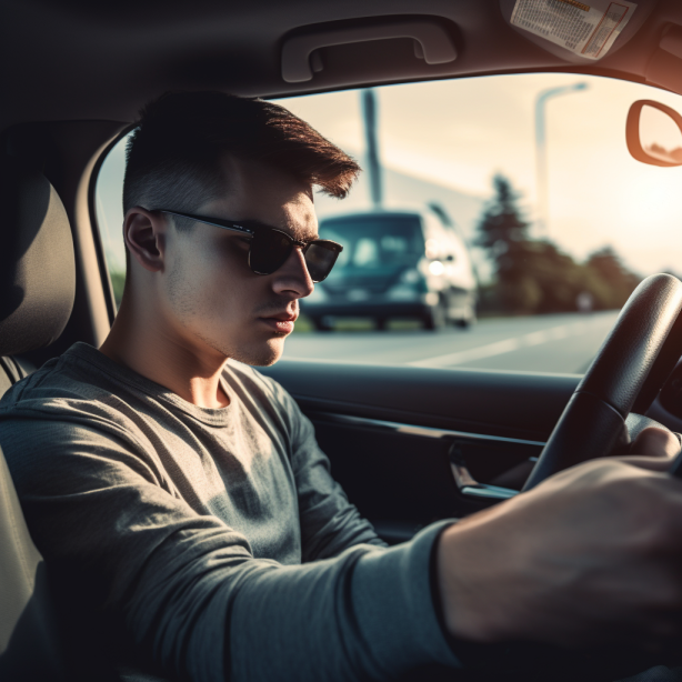 young driver is distracted by his radio