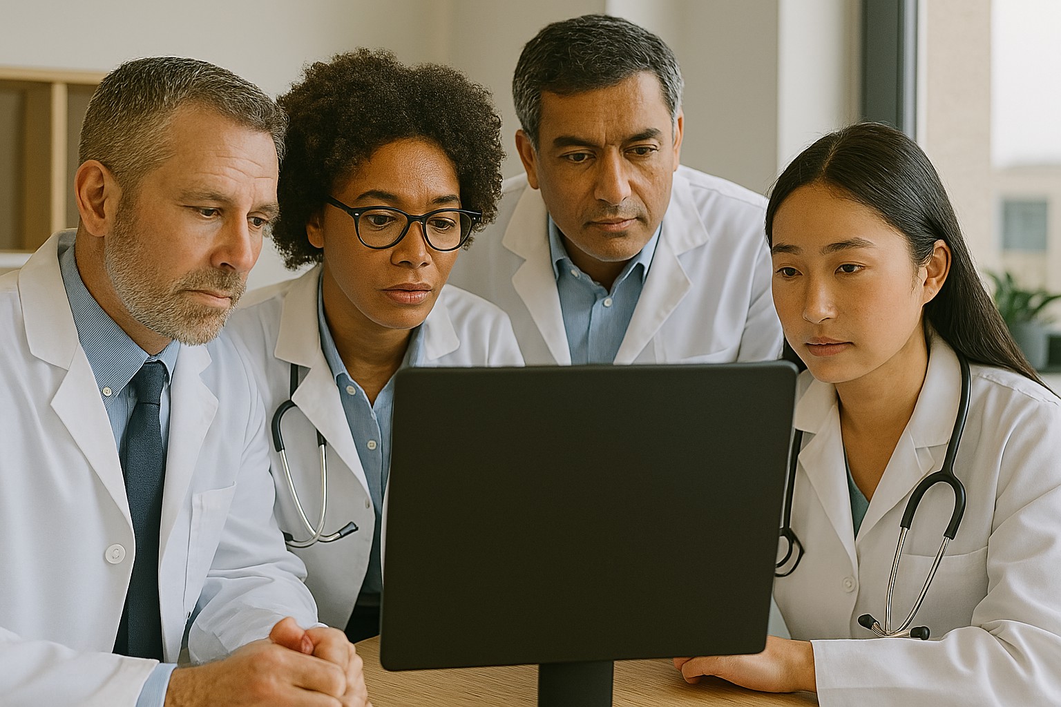 A group of doctors review scans on a computer monitor in Spartanburg, SC