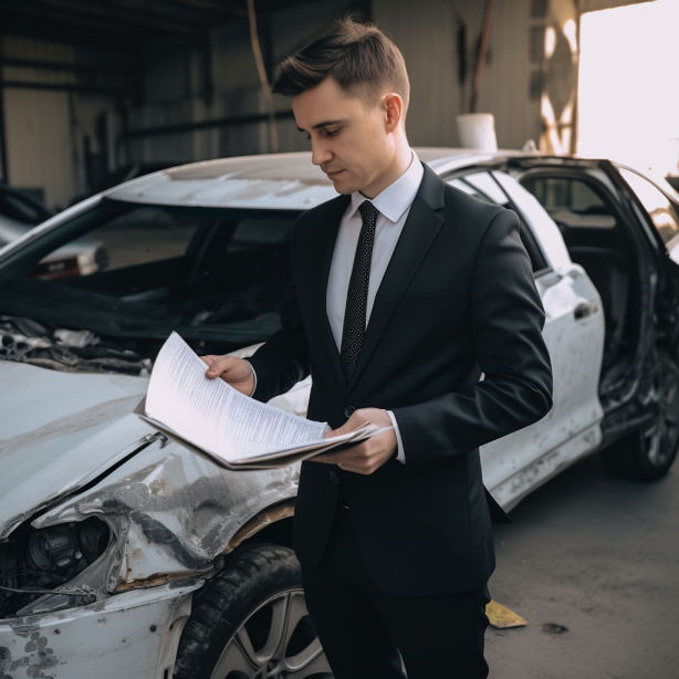 a male lawyer looks at paperwork near a vehicle that was damaged in a Greensville car crash