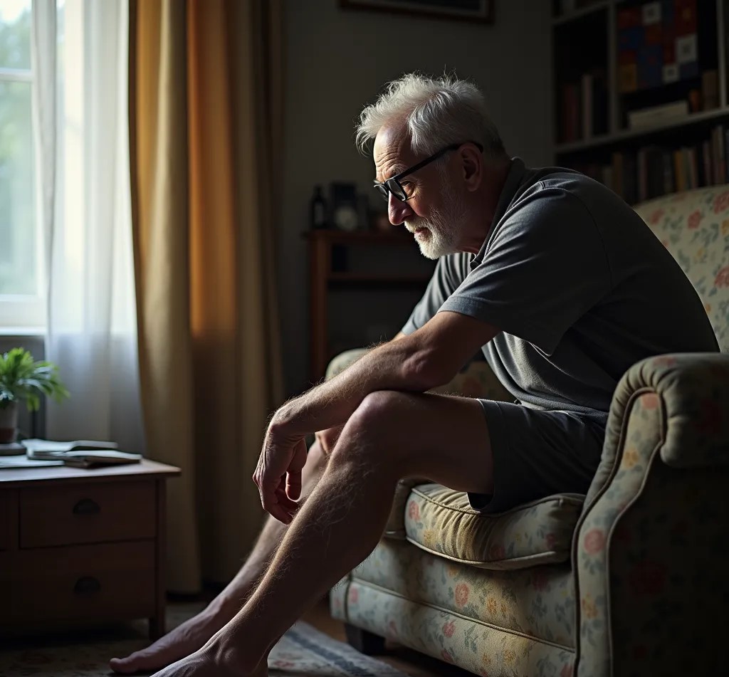 An older man sits on his couch after a car accident in Spartanburg caused his injuries