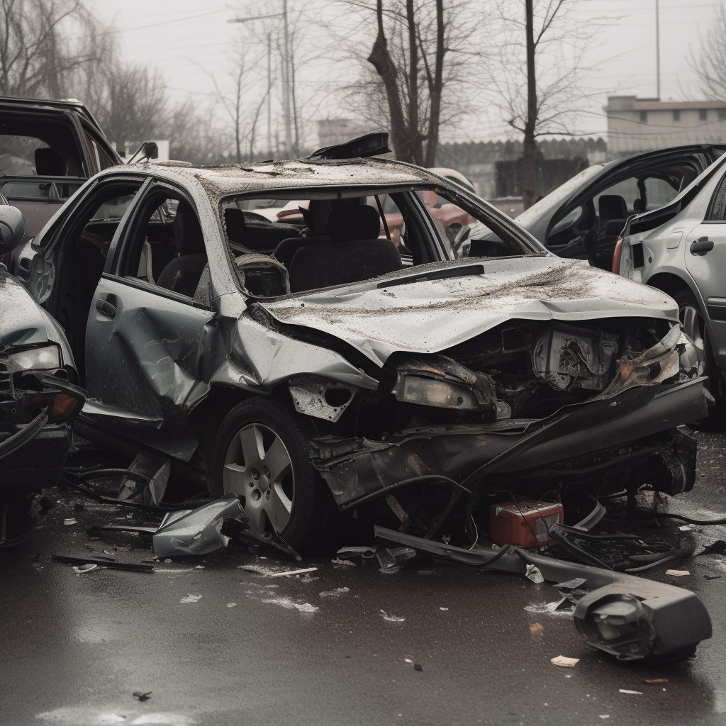 a wrecked vehicle sits on a lot with other vehicles that were destroyed in car crashes