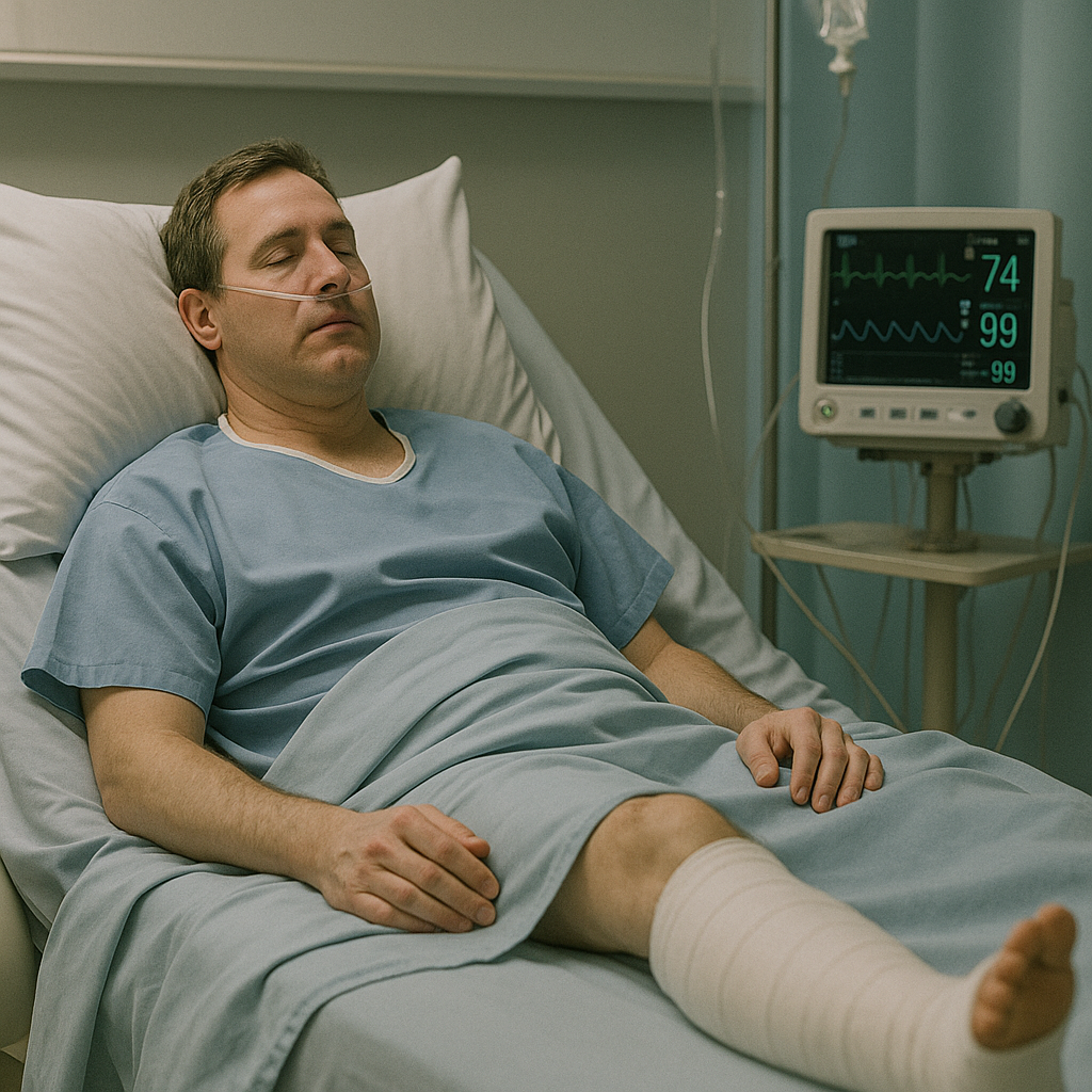 a man with a broken leg lies in a hospital bed