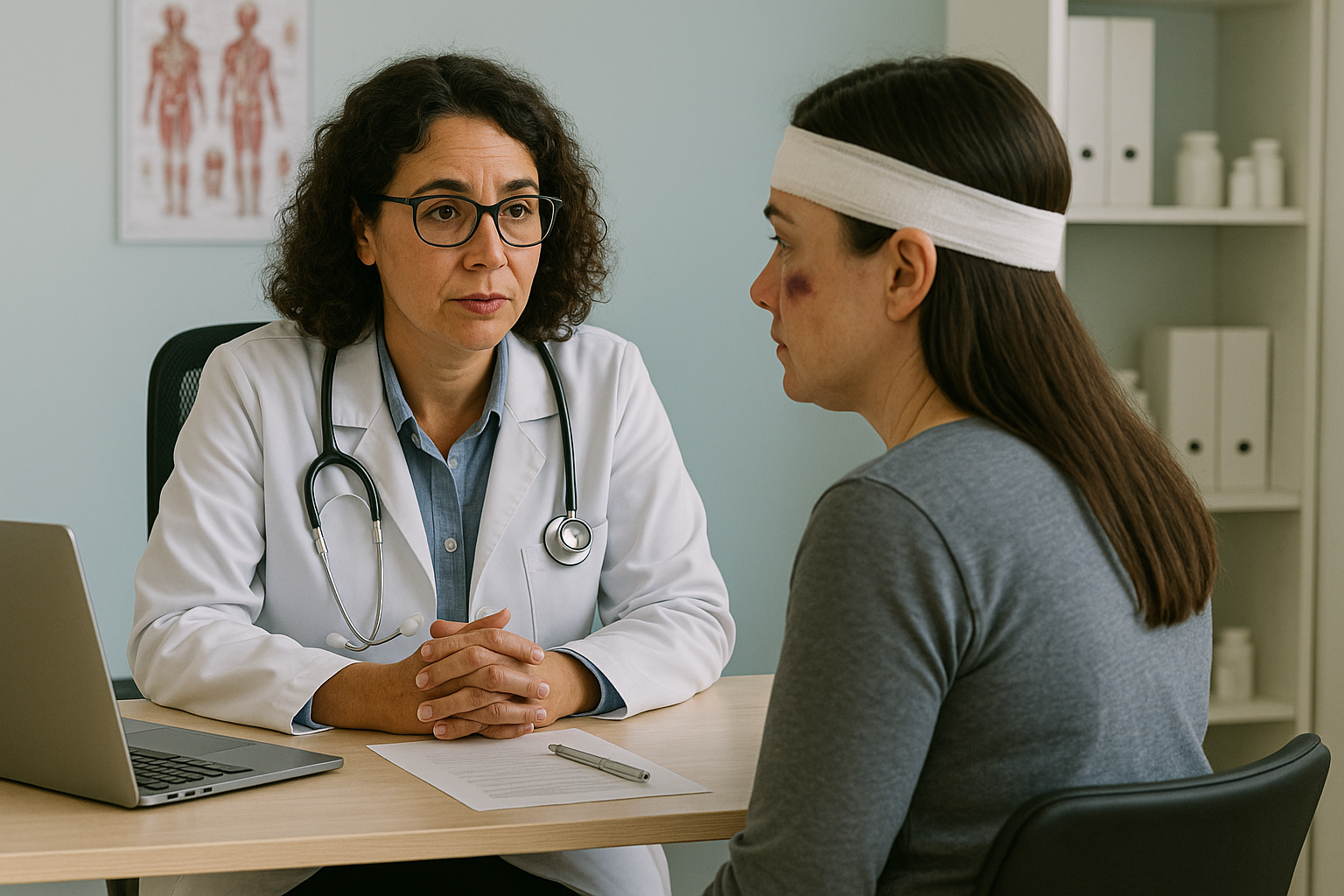a woman with a head injury sits in front of her doctor, who is looking at her with concern