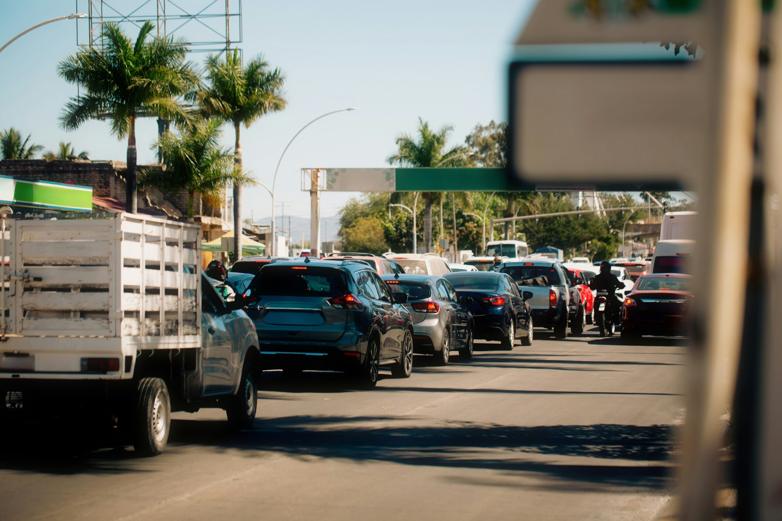 bumper-to-bumper traffic on a sunny day