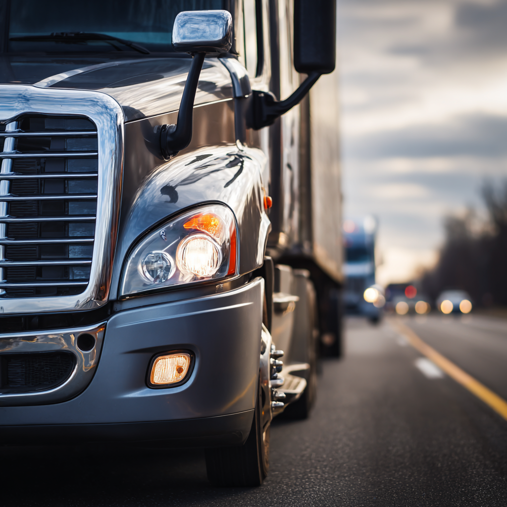 Closeup of the front grille of a semi truck
