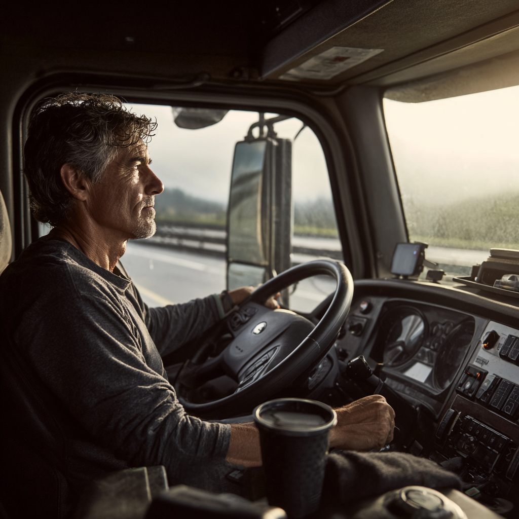 A man sitting behind the wheel of a truck