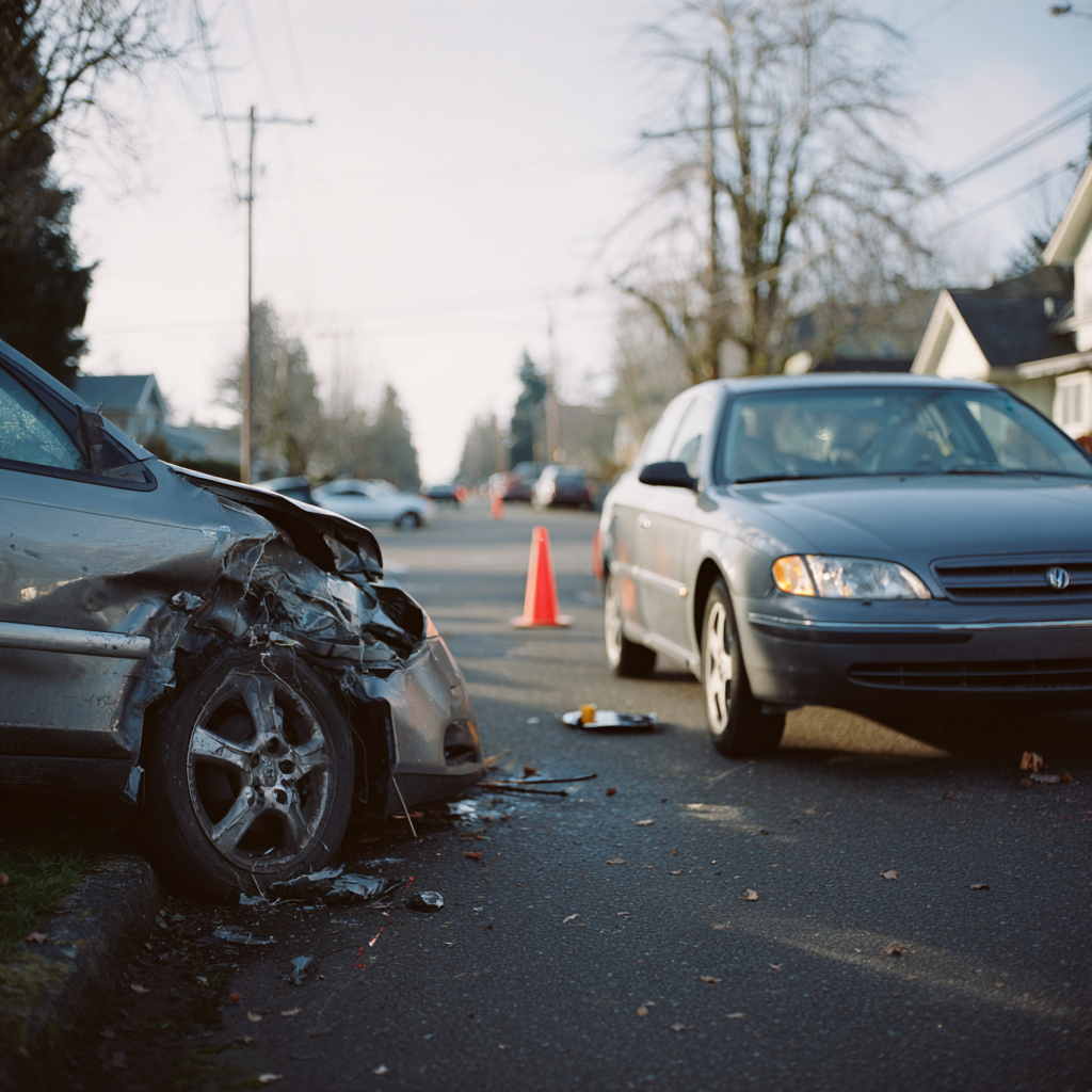 close up of a car sitting just off the road after an accident